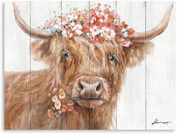 Yidepot Highland Cow Decor for Farmhouse: Retro Scottish Calf pictures hold Flowers Inspirational Quote Canvas Wall Art for boy's bedroom Kitchen Framed Ready to Hang Size 32"x24"