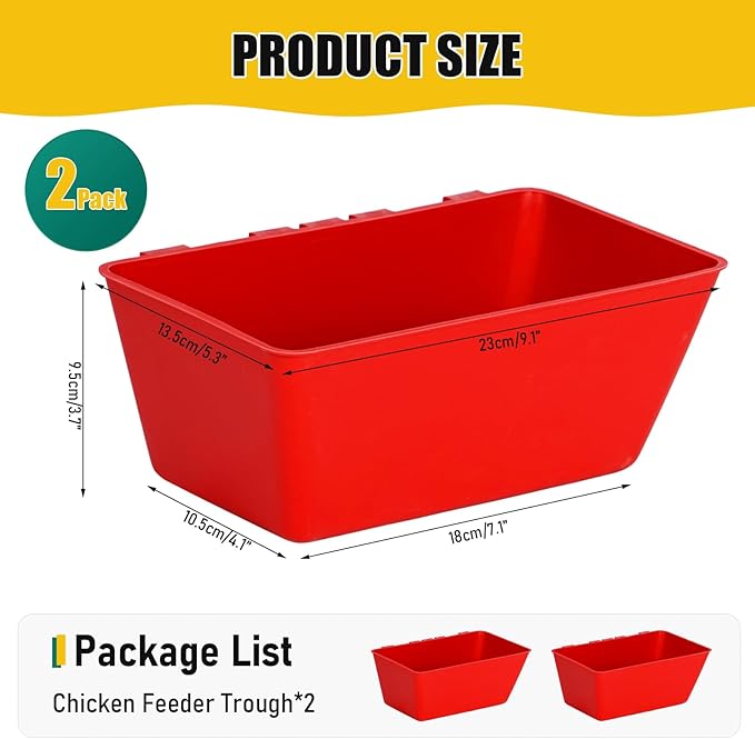 2 Pack Chicken Feeder Waterer,2.5 Quart Hanging Chicken Feeder Trough with Hooks Versatile Feeding Container for Chicken Duck Goose Rabbit Duck Feeder Poultry and Livestock Water Trough（Red）