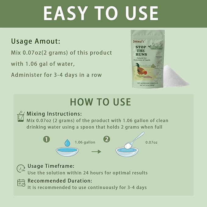 Chicken Gut Modulator of Health, Natural Formula Anti Diarrhea Modulator Powder for Chickens & Poultry, Control and Prevent Diarrhea & Enteritis Issues，Stop The Runs Supplement for Duck, Goose,10 oz