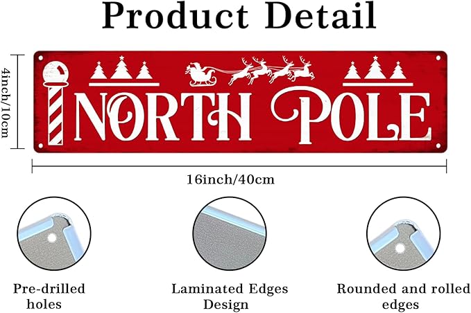 North Pole Metal Tin Sign Street Metal Tin Sign Christmas Plaque Sign Vintage Wall Decoration Home Bar Kitchen Cafe Bar Farmhouse Wall Art Sign 4x16 Inch