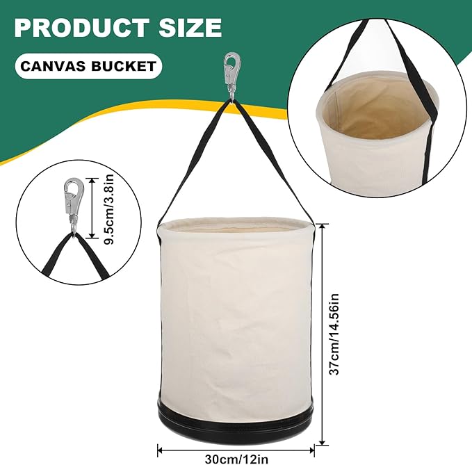 Utility Canvas Bucket 15" x 12" All Purpose Truck Tool Bucket Bag Organizer with Plastic Bottom Metal Hook for Store Work Tool Accessory, Load Capacity up to 150 Lbs