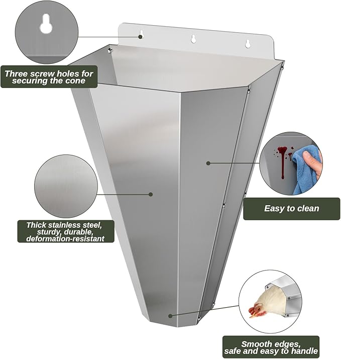 Medium Chicken Cone for Butchering, Upgraded Thickened Stainless Steel Kill Cone, Flat-Back Killing Cone for Poultry Processing, Fits Chickens up to 8 lbs, Ideal for Farm or Backyard Use (Silver)