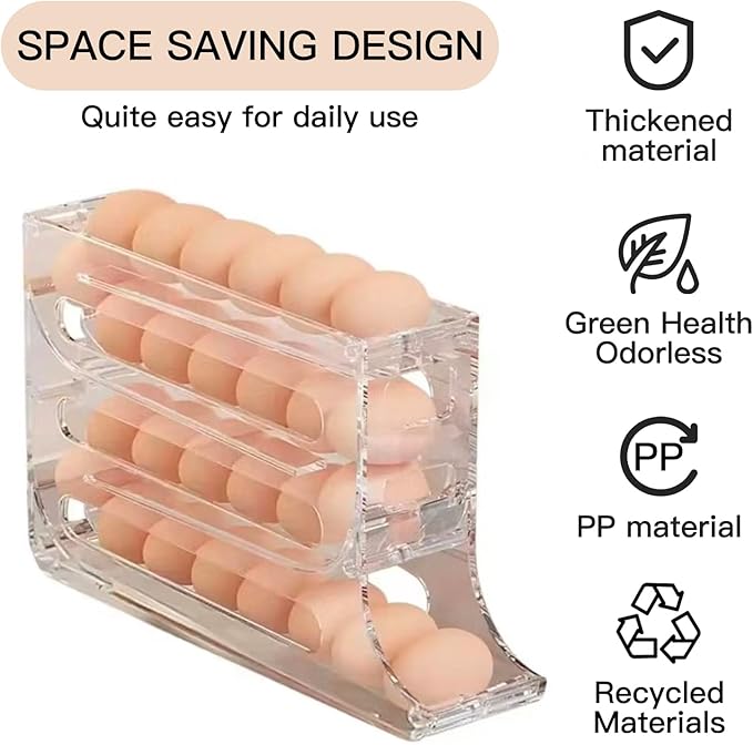 Automatic Rolling Egg Storage For Refrigerator, Fridge Organizer, Space Saving Refrigerator Egg Holder For Fridge ,Holds 28 Egg Storage，for Refrigerator,Kitchen,Cabinets,Tabl(transparent)