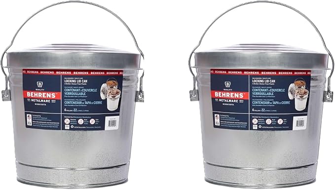Behrens 6 Gallon Galvanized Steel Storage Can or Waste Bin w/Locking Lid & Handle (2 Cans, No Grip)