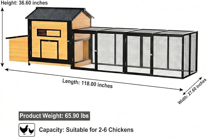 118" Large Wooden Chicken Coop with Run - Outdoor Hen House for 4-6 Chickens, Poultry Habitat Supplies with Chicken Nesting Box, Ventilated Window, Free-Range Door & Slide-Out Tray