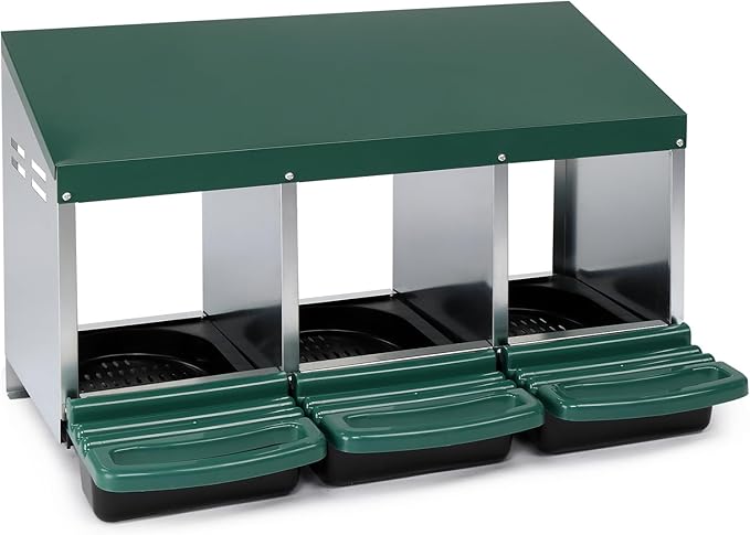 3 Compartment Roll Out Chicken Nesting Box with Plastic Basket, Egg Nest Box Chicken Laying Box Hens Chicken Coop Box with Swing Perch and Roll Out Egg Collection for Chicken Coop, Green