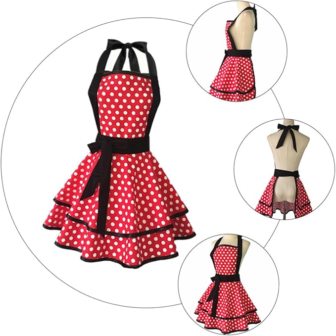 Cotton Dot Pattern Double-layer Apron for Women Lace-up Neck Strap Kitchen Cooking and Cleaning Work Apron for Home Hotel Use Soft
