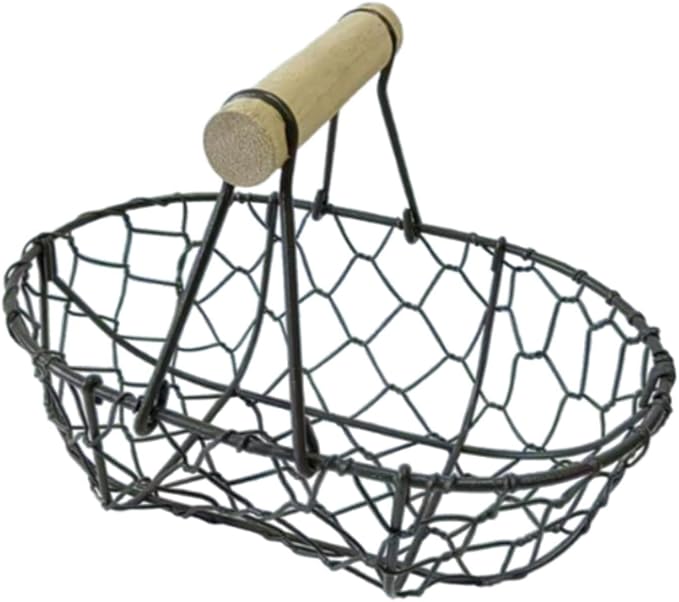 Metal Wire Egg Basket, Iron Storage Basket Farmhouse Kitchen Organizer Rustic Retro Vegetables Basket Oval for Tabletop Home, Black