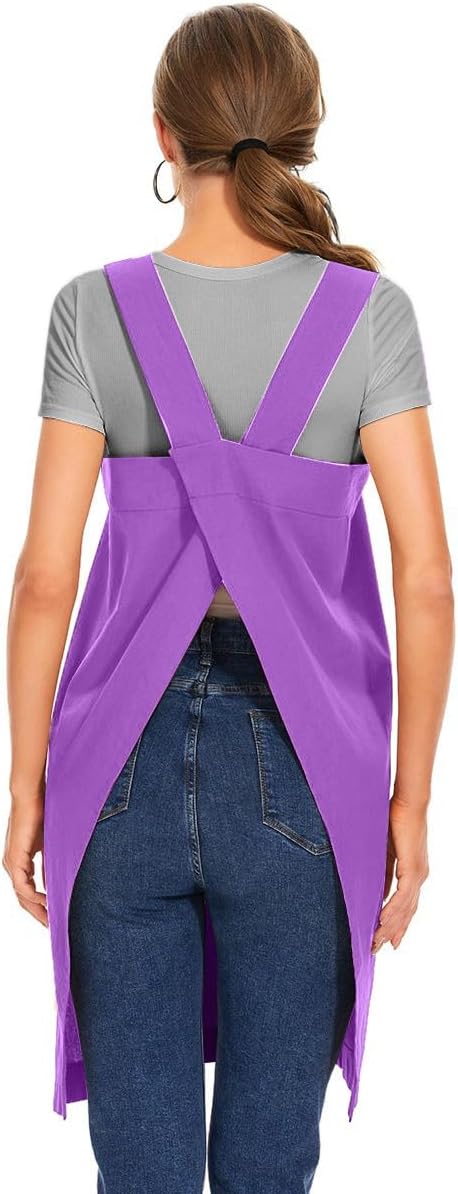 Larmliss Women's Cotton Cross Back Apron Pinafore Dress with Big Pockets Loose Square Apron for Baking Cooking Gardening