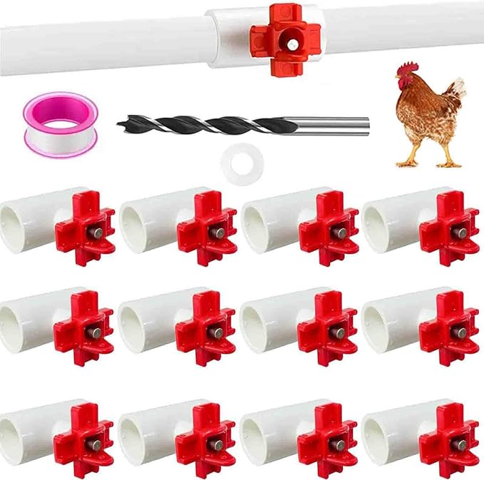 12 Packs Chicken Water Nipples with 1/2'' PVC Tee Fittings, DIY Automatic Chicken Drinking System, Horizontal Side-Mounted Poultry Pacifier Drinking Water Fountain for Poultry