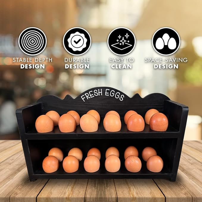 Black Premium Pine Wooden Egg Holder 2-Tier Durable 24-Egg Storage Solution Ideal for Modern and Rustic Kitchen Fresh Eggs