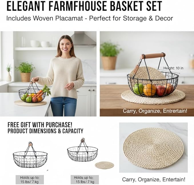 Kitchen Decor Chicken Egg Basket: Egg Basket for Gathering Fresh Eggs, Farmhouse Small Vintage Style Wire Fruit Bread Fresh Egg Holder Countertop, Egg Collecting Basket (Black)