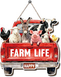 Farmhouse Wall Decor, Farm Life Red Truck Wood Sign with Cow Pig Donkey Sheep and Chicken, Rustic Watercolor Painting Style Hanging Plaque for Country Kitchen Porch Entryway or Barn, 9.8x10 Inches