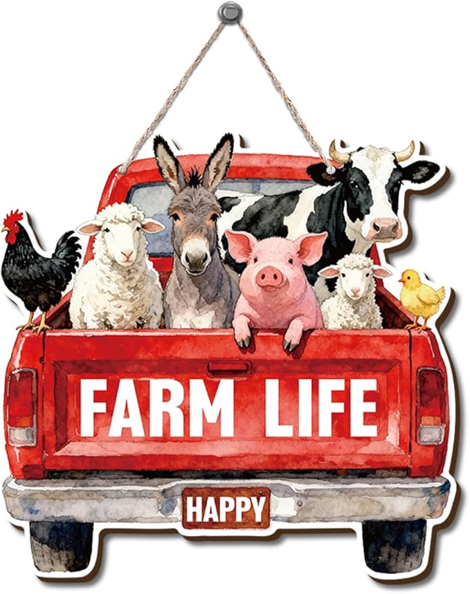 Farmhouse Wall Decor, Farm Life Red Truck Wood Sign with Cow Pig Donkey Sheep and Chicken, Rustic Watercolor Painting Style Hanging Plaque for Country Kitchen Porch Entryway or Barn, 9.8x10 Inches