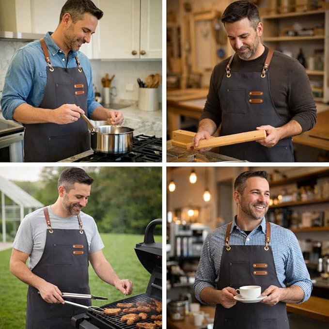 Chef Aprons for Men Canvas Apron with Large Pockets and Adjustable Neck Strap for Cooking,BBQ, Gardening