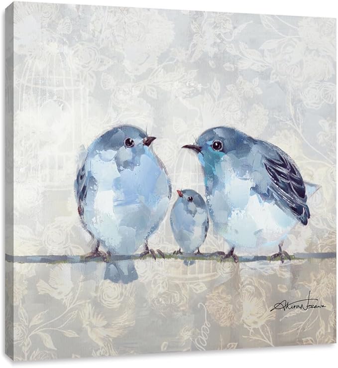 Woxfcart Blue Bird Canvas Wall Art, Cute Lovebird Pictures for Gray Home Bathroom Bedroom Children's Room Decoration,13.5 x 13.5 Inch