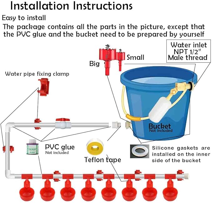 Complete Set Automatic Chicken Waterer Cups with PVC Pipe,Chickens Water Cups, Chicken Waters,Poultry Waterer,Chickens Watering System,Poultry Waterer,Durck Watering System,for quails, geese and ducks