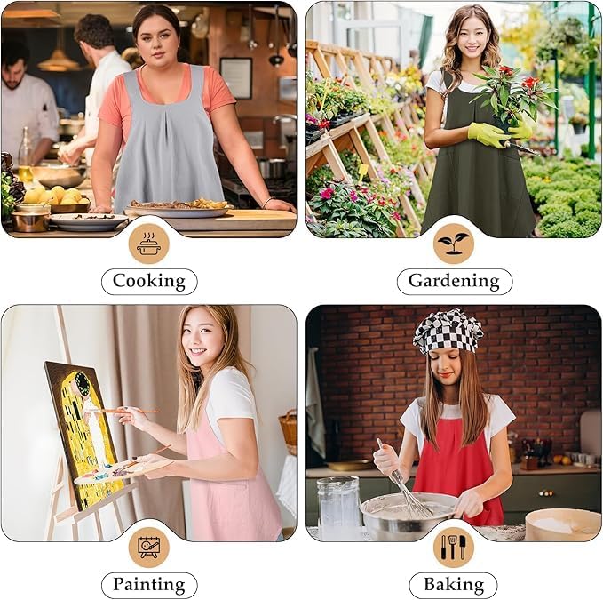 Apron for Women with Pocket Cotton Linen, Japanese Cross Back Apron for Gardening Painting