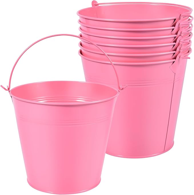 OBTANIM 7 Pack Pink Metal Buckets with Handle Galvanized Ice Pails for Plants, Succulents, Party Favors Organizing, Rustic Home Decor or Classrooms Pencil Storage (7.1 x 5.2 inch)