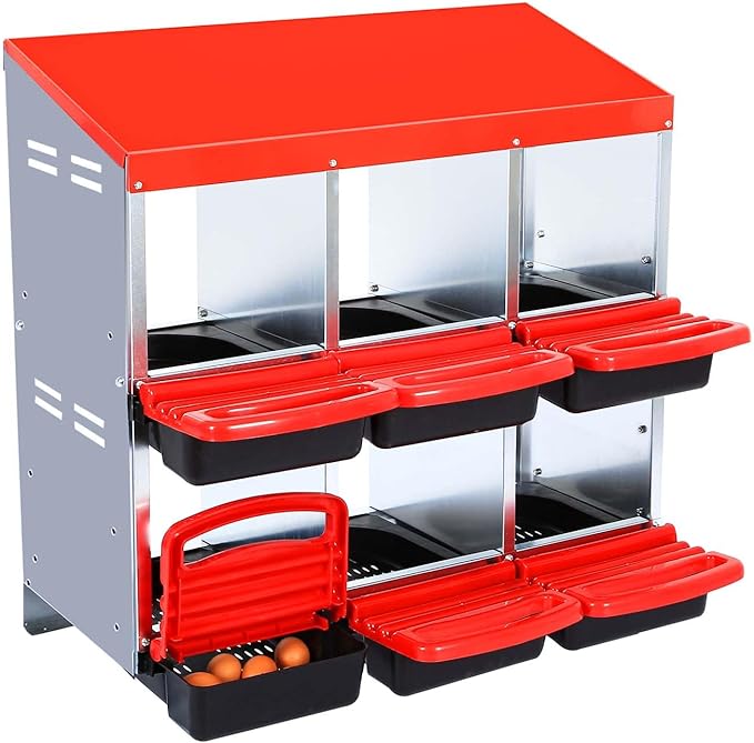6 Compartment Metal Chicken Nesting Box – Roll Away Egg Laying Box with Lid Cover, Easy Egg Collection, Wall Mount Hen Roosting Box – Red (Without Bracket Legs, 6 Compartment Egg Laying Box)