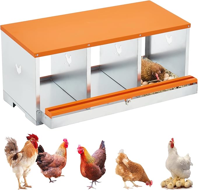 Chicken Nesting Boxes, 8 Hole Chicken Boxes for Laying Eggs with Lid, Metal Nesting Boxes for Chickens with Swing Perch and Roll Away Egg Collection for Chicken Coop, 1 Layer 3 compartments