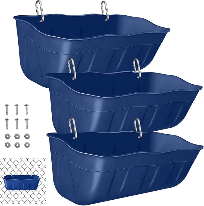Hanging Chicken Feeders,Duck Feeder Waterer,Small Feed Trough 1.3 Quart 3 Pack,Hanging Fence Feed Trough for Poultry,Blue