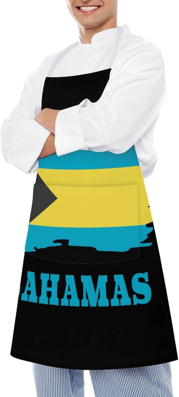 Bahamas Map Flag Apron,Waterproof Unisex Adult Aprons with Pockets Kitchen Baking Aprons