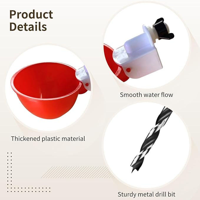 20 Pcs Chicken Waterer Cups, Duck Water Feeder Kit, Automatic Poultry Drinking Bowl with Drill, Includes Large Red Cups and Drill Bit, Ideal for Chickens and Ducks
