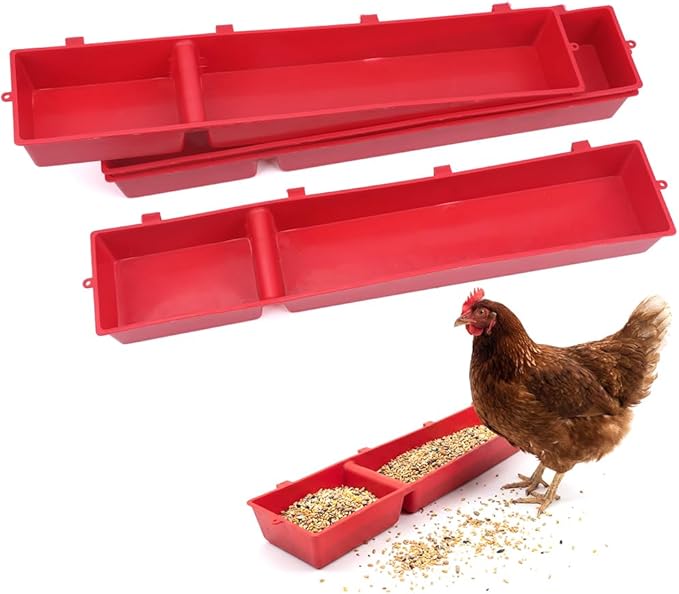 4 Pack Chicken Feeder Trough Hanging Basin Poultry Feeder Food Water Separating Dispenser for Chicken Duck Pigeon Duck Livestock Poultry (22 inches, Red)