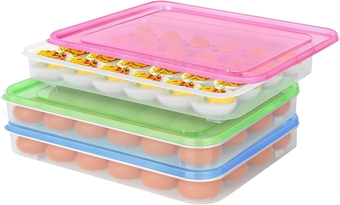 77L Deviled Egg Containers with Lid, Set of 3 Stackable Egg Carriers, Holds 72 Eggs for Refrigerator, Clear Trays for Parties & Holidays