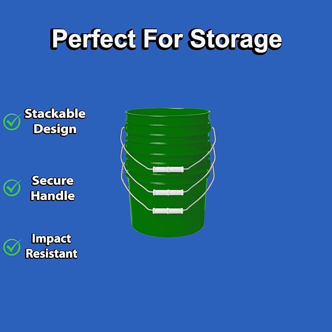 1-Gallon Bucket with Airtight Lid – Made in USA, Food Grade BPA Free Plastic, Heavy Duty Multi-Use, Metal Handle with Grip, Stackable Storage – Green, 4 Pack