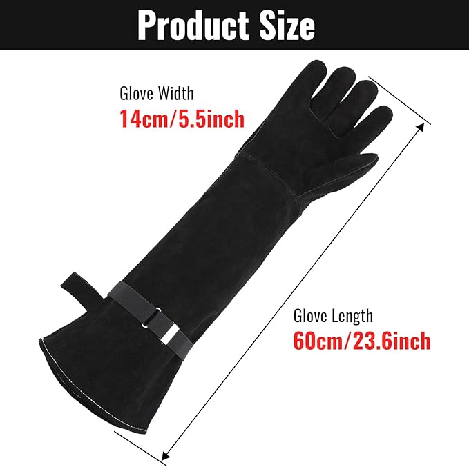 Animal Handling Gloves Bite Proof, Thickened Leather Cat Gloves for Scratching, Falconry, Welding, 23.6 inch Black