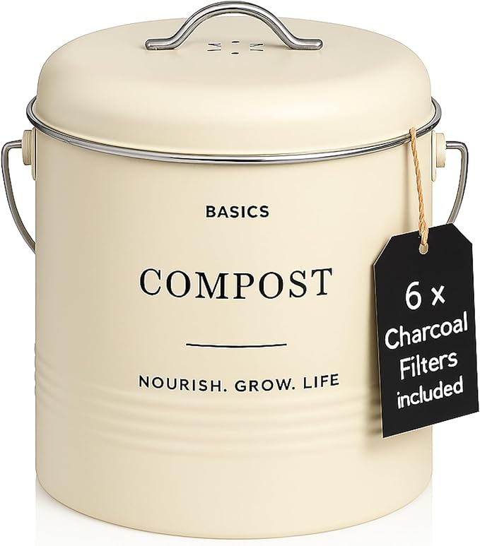 D'Lifeful Kitchen Compost Bin – 1.3 Gallon Countertop Farmhouse Compost Container with Lid – Odorless Indoor Food Scrap Pail with 6 Charcoal Filters – Eco-Conscious and Easy to Clean - Cream