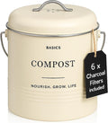 D'Lifeful Kitchen Compost Bin – 1.3 Gallon Countertop Farmhouse Compost Container with Lid – Odorless Indoor Food Scrap Pail with 6 Charcoal Filters – Eco-Conscious and Easy to Clean - Cream