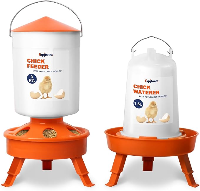 Chick Feeder and Waterer Set, Top Fill 3kg Chick Feeder and 1.5L Chick Waterer with 3 Adjustable Heights