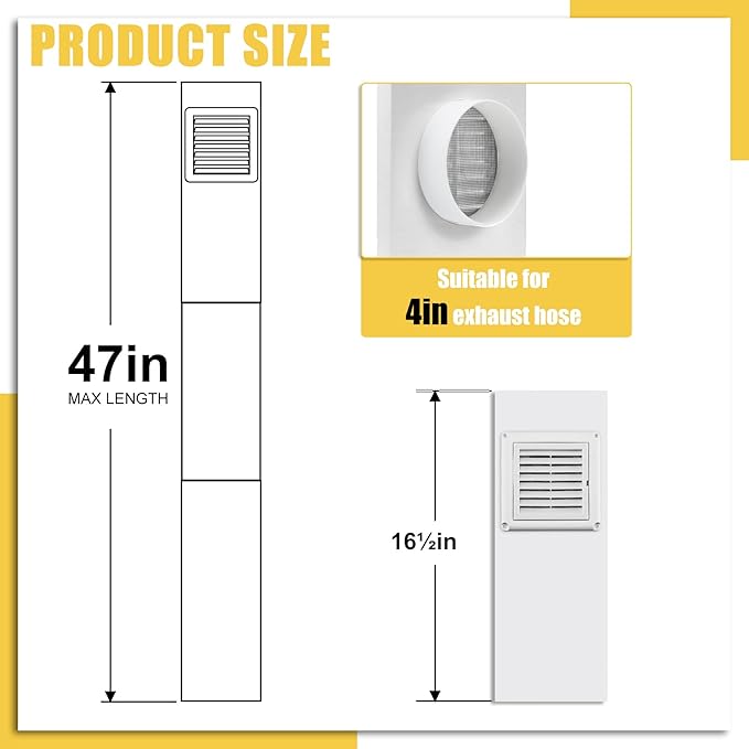 Dryer Vent Window Kit for 4in Dryer Vent Hose,with Weather-proof Dryer Air Vent Cover Stops Birds Nesting,Adjustable Window Vent Kit for Sliding Windows and Hung Windows Maximum 47inch