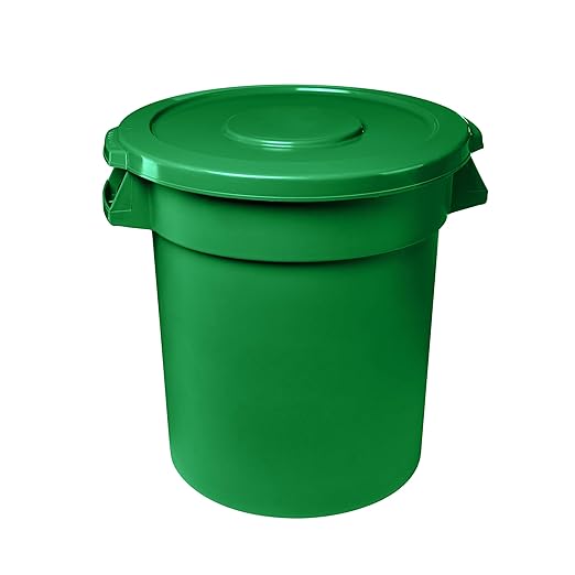 Feed and Seed Storage Container, 55 Gallon Green Round Commercial Trash Can and Lid, Food Storage Plastic Bin, Use in Agricultural, Gardening, or Household