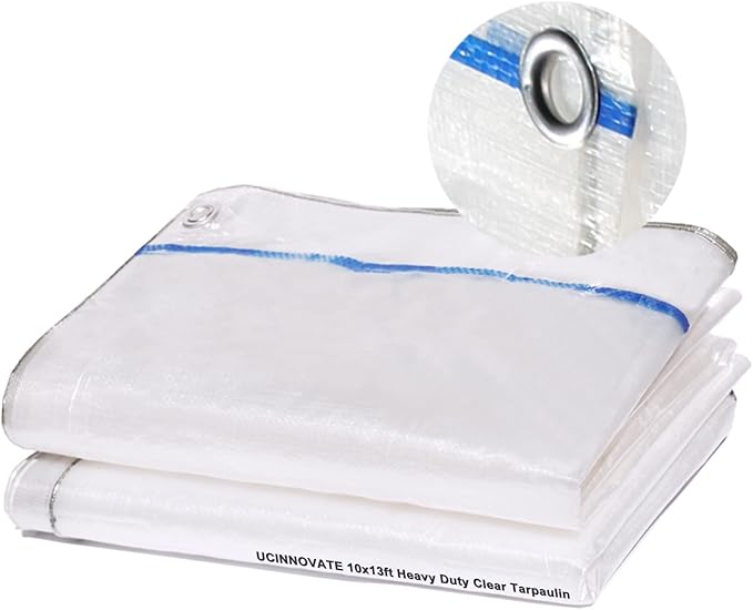 10 x 13 Ft Clear Tarps Heavy Duty Waterproof, 14 mil Thick Translucent Greenhouse Tarp with Grommets, Clear Plastic Tarp Cover for Garden Patio Lawn Plants Boat or Pet Hutch Roof
