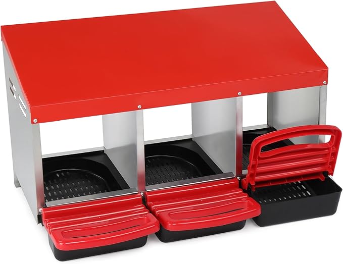 Chicken Nesting Boxes Plastic with Roll Away Egg,3 Compartment Roll Out Chicken Nest Box Egg Laying Box with Lid Cover,Rolling Egg Collection & Protection Chicken Coop for Up to 3 Hens,Red