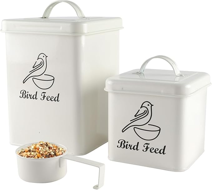 Set of 2 Metal Bird Seed Storage Container,Combined 8lbs Bird Seed Container with Scoop,Wild Bird Food Bins for Storing Sunflower Seed-Sturdy and Squirrel proof-6''x9''+5''x5''-White