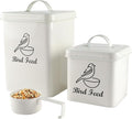 Set of 2 Metal Bird Seed Storage Container,Combined 8lbs Bird Seed Container with Scoop,Wild Bird Food Bins for Storing Sunflower Seed-Sturdy and Squirrel proof-6''x9''+5''x5''-White