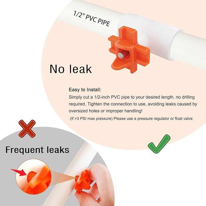 Horizontal Chicken Waterer Nipples with 1/2 PVC Tee Fittings DIY Automatic Chicken Watering System Kit (Orange, 8Pcs)