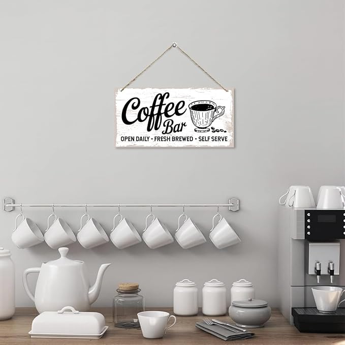 Coffee Bar Decor Sign, Fresh Brewed Coffee Bar Open Daily Self Serve, Hanging Decors for Kitchen Wall, Vintage Kitchen Decor, Cafe Decoration with Rope Hanging 12 x 6 Inches