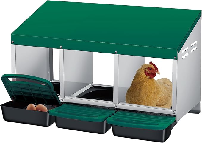 3 Hole Chicken Nesting Boxes, Roll Away Metal Nesting Box for Chicken Coop, Galvanized Steel Roll Out Egg Collection with Removable Trays and Wall Mount Legs