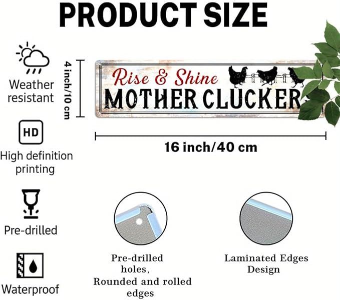 Rise & Shine Mother Cluckers Metal Tin Sign Farmhouse Wall Decor for Kitchen Farmhouse Entryway Living Room Bedroom 4x16 Inch