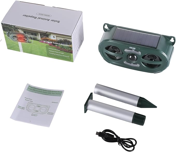 2025 Upgraded Solar Ultrasonic Animal Repellent Outdoor Indoor, Waterproof Motion Activated Deterrent Repel Deer Cat Dog Bird Rabbit Squirrels Raccoon Skunk with Red-White Flash Lights for Garden Yard