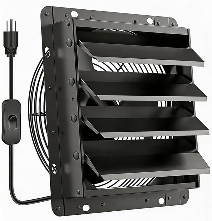 HG Power 14 Inch Shutter Exhaust Fan, 882CFM High-Speed Vent Fan, 1400RPM Wall Mounted Attic Fan for Shed, Garage, Greenhouse Ventilation, Black