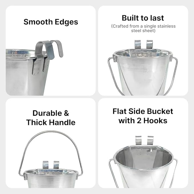 Half Gallon Stainless Steel Bucket - Heavy Duty Flat-Side Metal Bucket for Pets & Livestock Feeding - Rust Resistant Water Bucket with Hooks for Kennels, Cages, Crates & Fences - 2 Quart