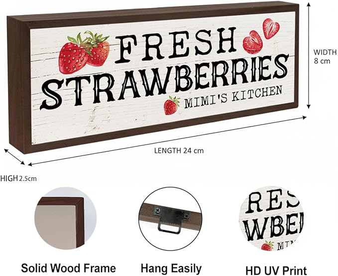 Mimi's Kitchen Wood Sign, Fresh Strawberries Sign, Country Style Wall Decor, Framed Wooden Hanging Signs, Kitchen Wall Art, Gift for Mimi Grandma 9.5x3.1x1 inches