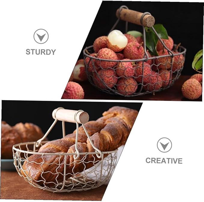 GALPADA 2pcs Retro Vintage Metal Fruit Basket with Wooden Handles, Kitchen Storage Organizer for Eggs, Bread, and Snacks, Farmhouse Style Food Container for Household Use